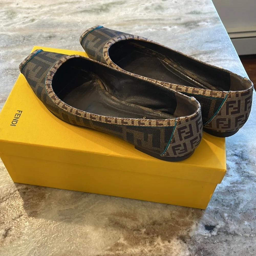 Fendi Brown Monogram Canvas Peep-Toe Flats - Picture 2 of 9